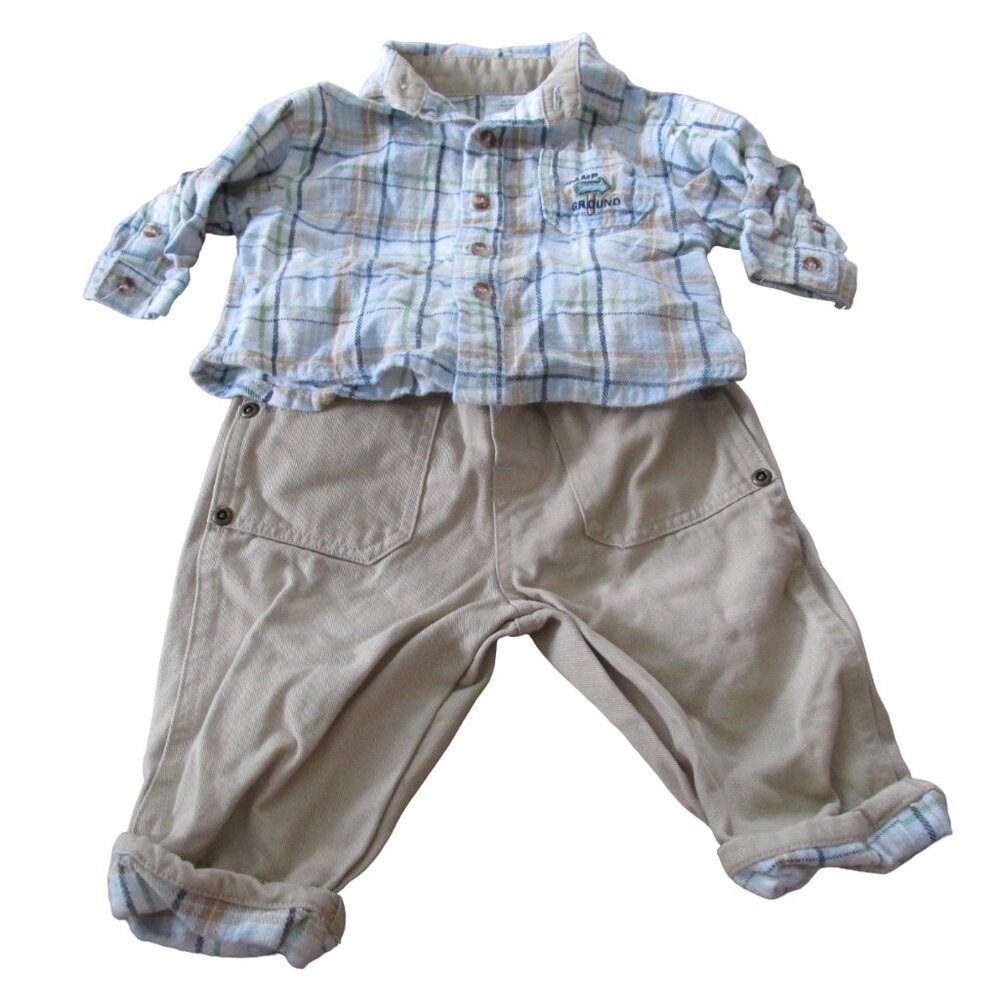 2 Pc Button Up Shirt Pants Outfit Infant Boys 3-6M Tan Plaid Long Sleeve Khaki